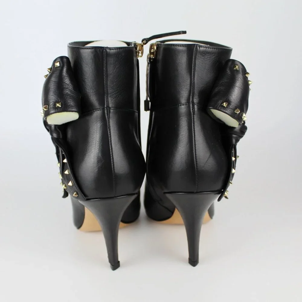 NEW Valentino Garavani Rockstud Leather Boots, Black, EU 38.5, Zip Closure, Bow